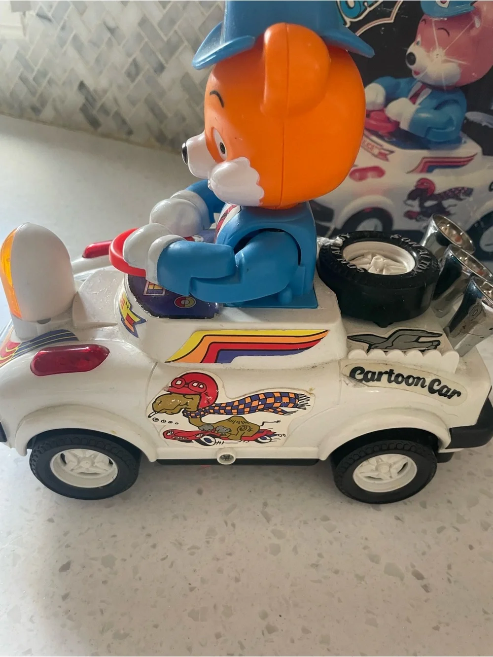 Vintage Cartoon Car Animal Police w/ Bear Plastic Battery Operated Toy W/ Box
